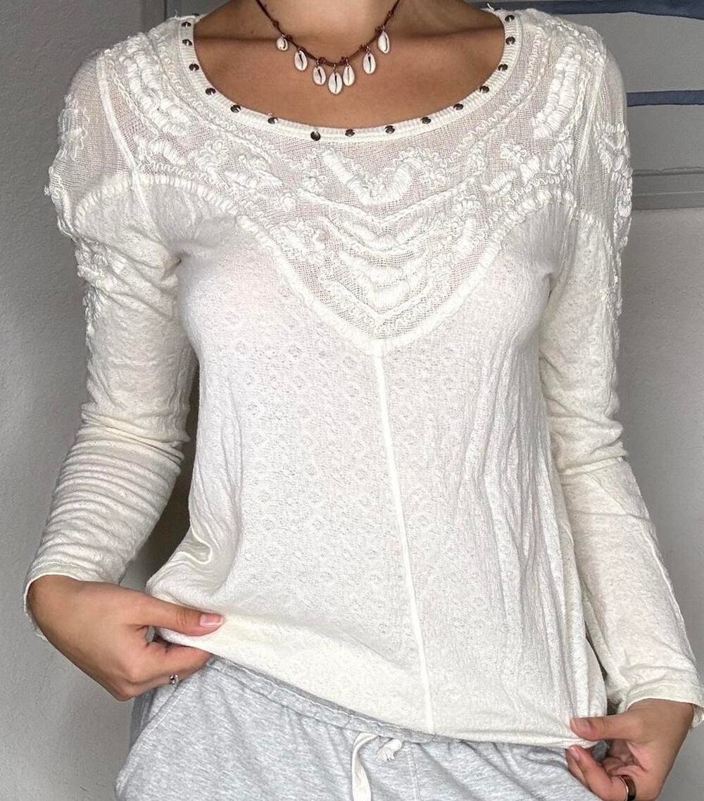 Free People Lace Cottagecore Studded Collar Cotton Slouchy Boho Longsleeve M